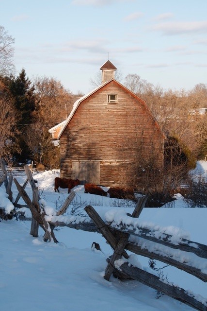 Red barn in snow